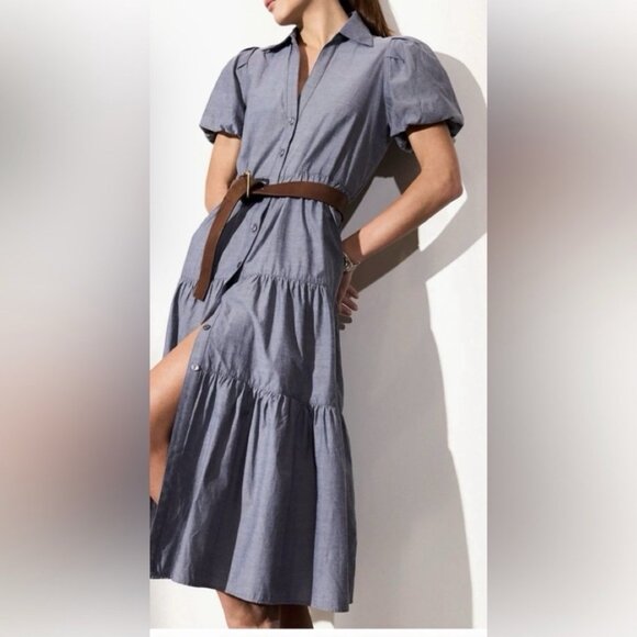 Brochu Walker The Havana Puff Sleeve Tiered Midi Dress In Washed Slate Sz M - Picture 11 of 11